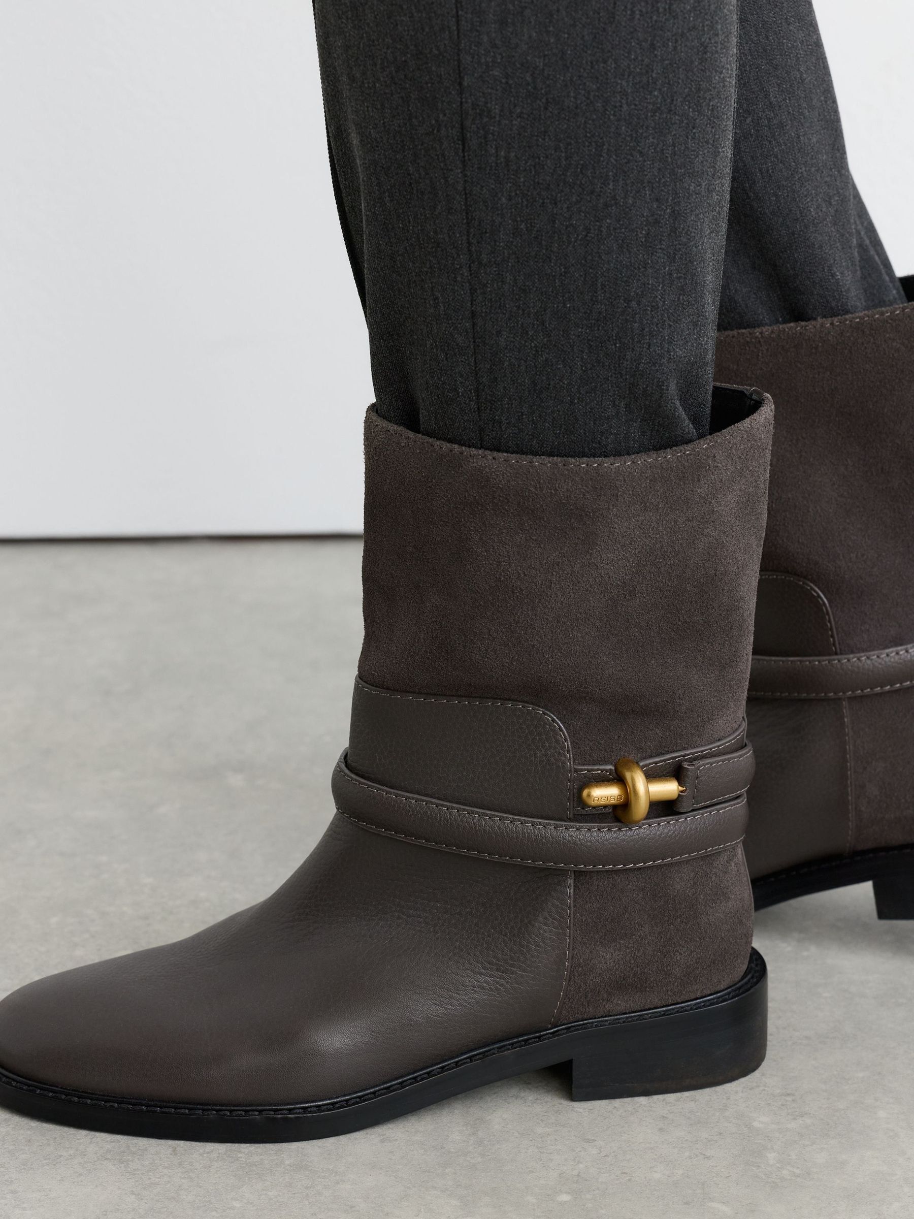 Grey - Leather Turnlock-hardware Biker Ankle Boots