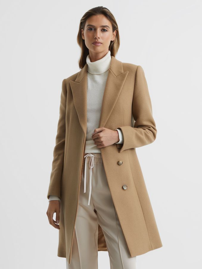 Wool Blend Mid Length Coat in Camel (C02133) | $194