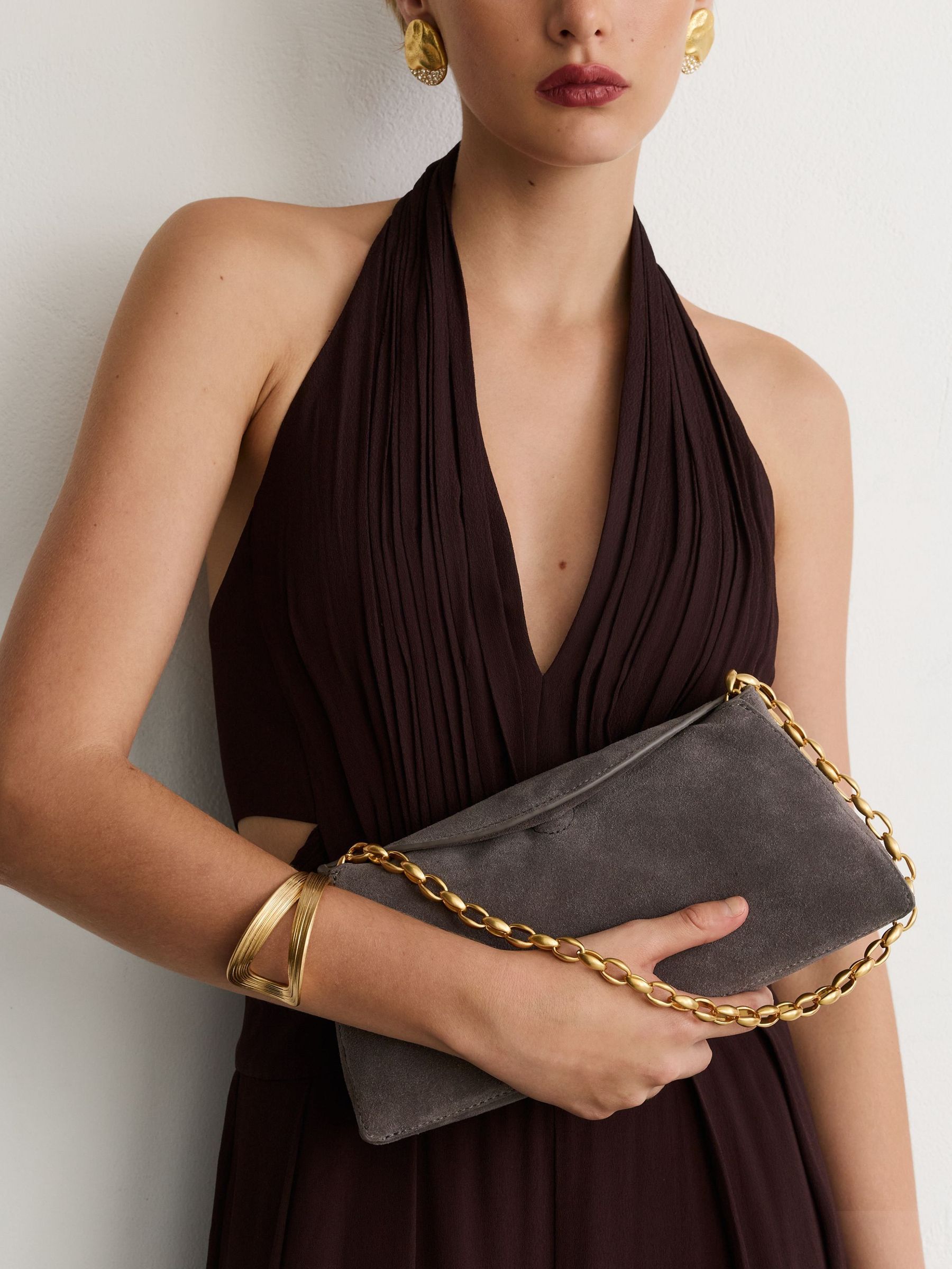 Šedá - Suede Chain-strap Clutch Bag