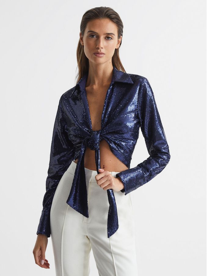 Tie Front Sequin Top in Dark Blue (C04852) | €39 - €52