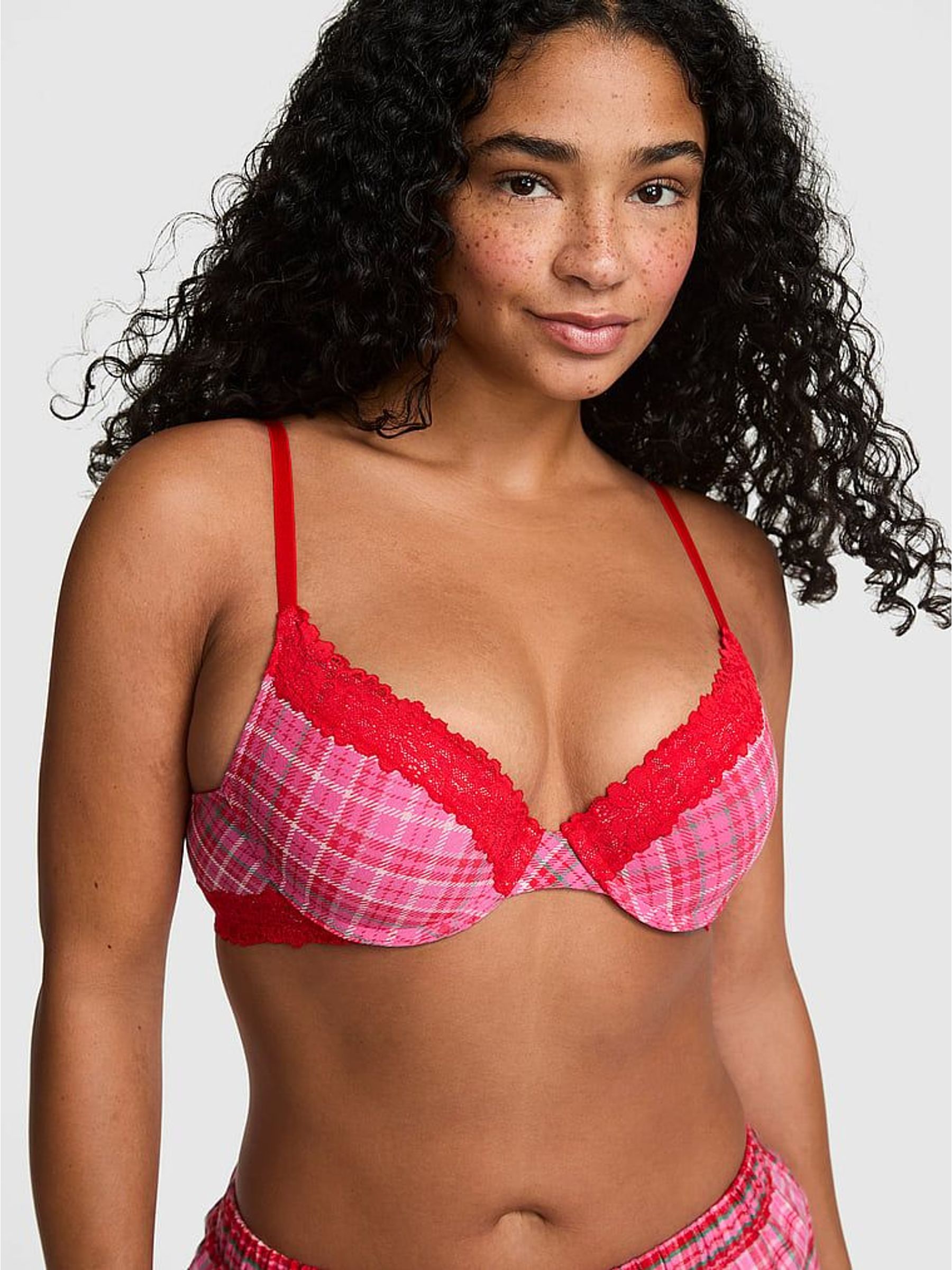 Pink/Red Tartan - Push Up Lace Trim Bra