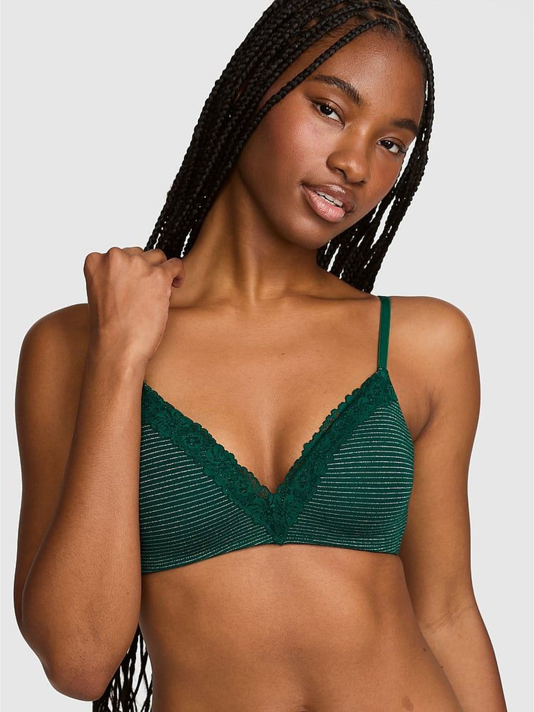 Dark Garden Green Shine - Non Wired Lightly Lined Lace Trim Bra