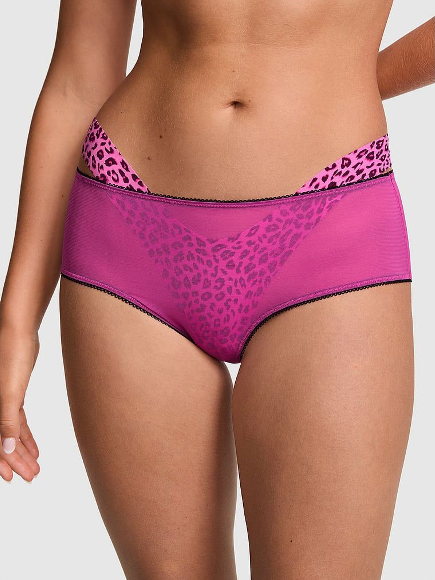 Pink Fire Leopard/Black - Double Strap Cheeky Sequin Mesh Knickers