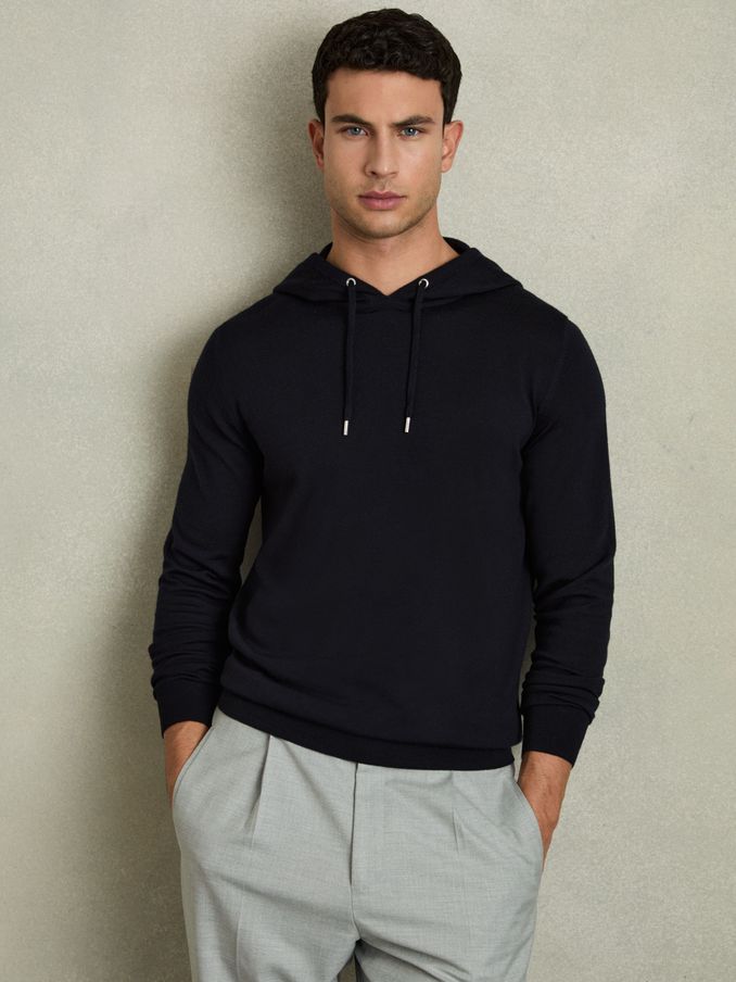 Merino Wool Drawstring Hoodie in Navy (C10582) | €140