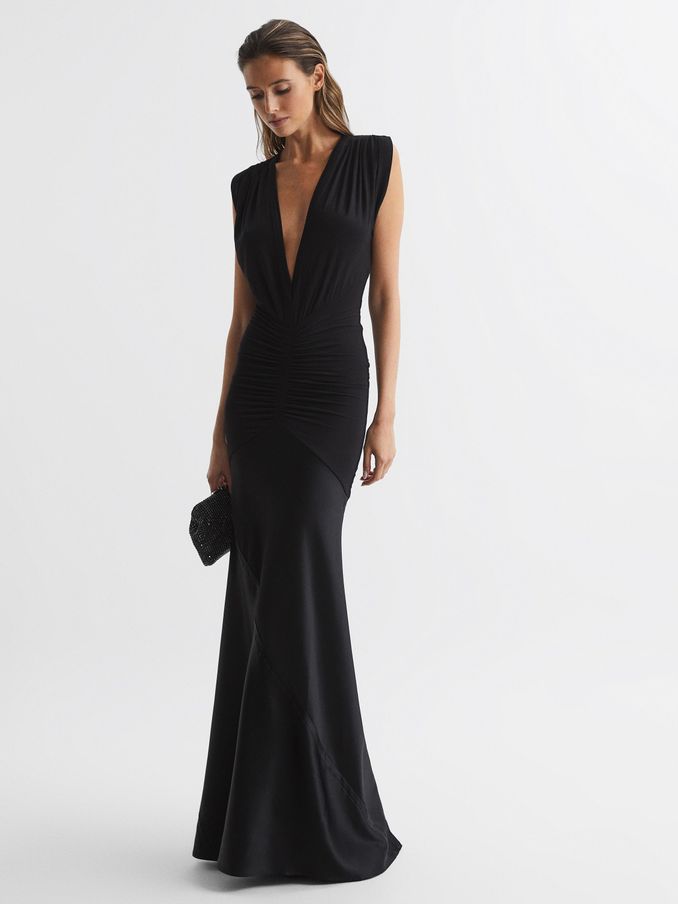 Plunge V-Neck Sleeveless Maxi Dress in Black (C13229) | US$114