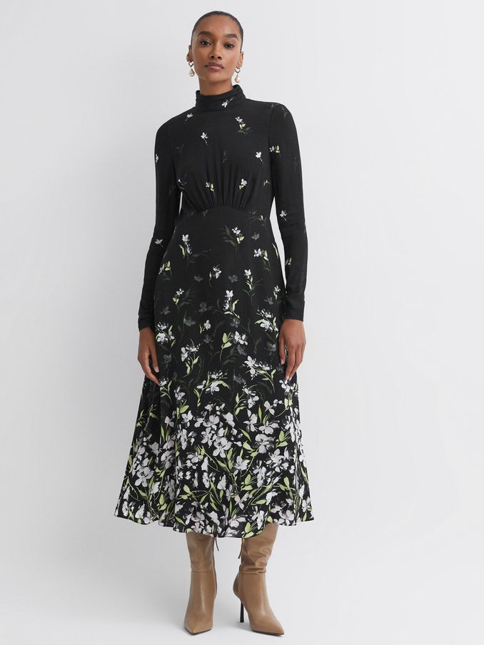 Florere Floral High Neck Midi Dress in Black (C19055) | €84
