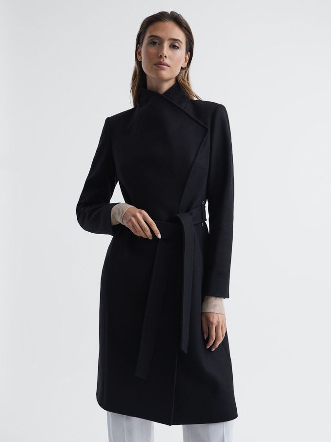 Cashmere Wool Blend Wrap Collar Belted Coat in Black (C22695) | €241