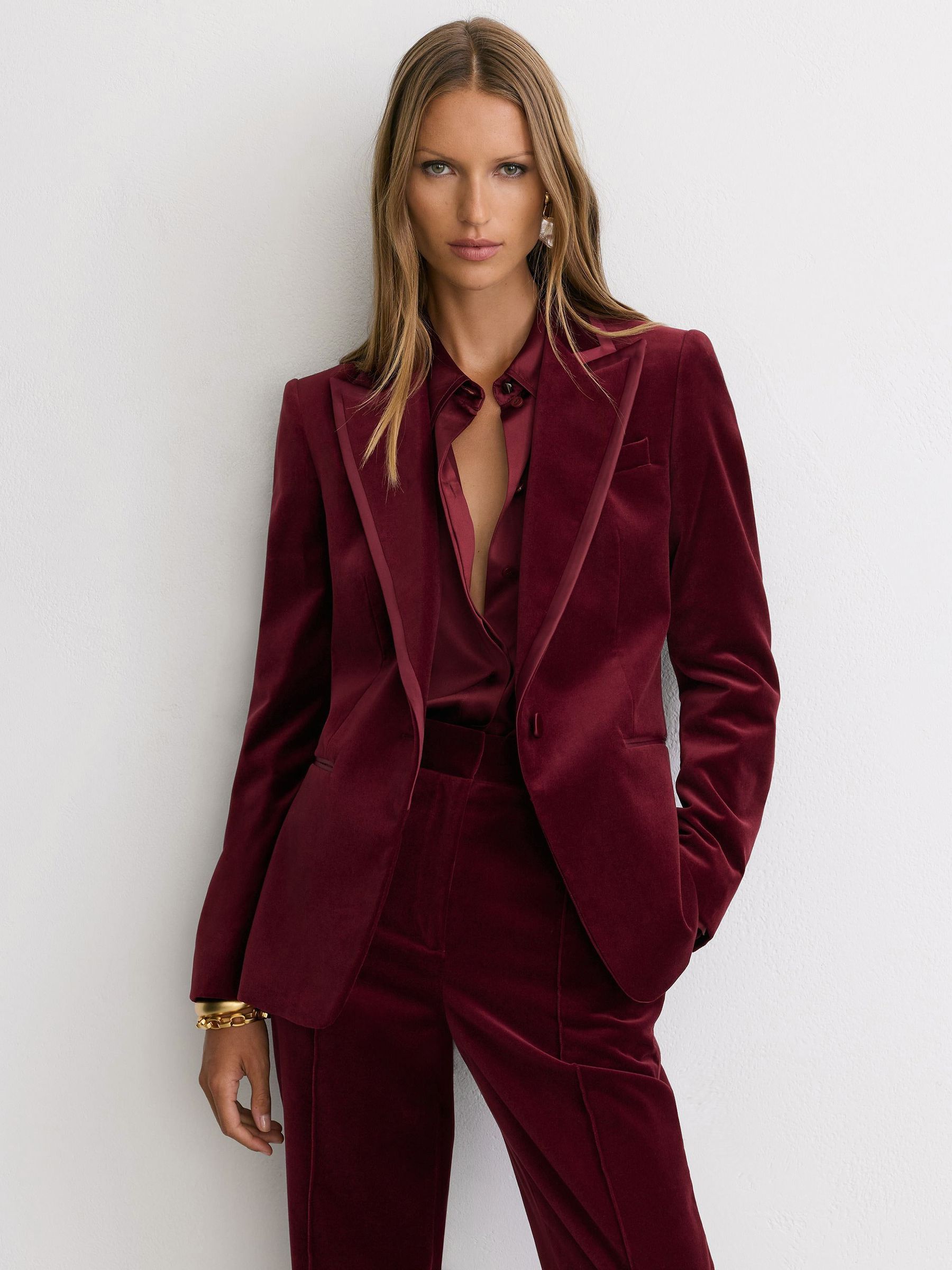 深紅色 - Velvet Satin-trim Single-breasted Suit Blazer