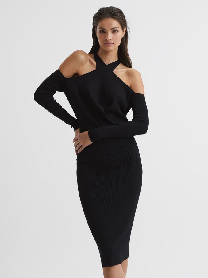 Halter Knitted Bodycon Dress in Black (C26168) | AED202