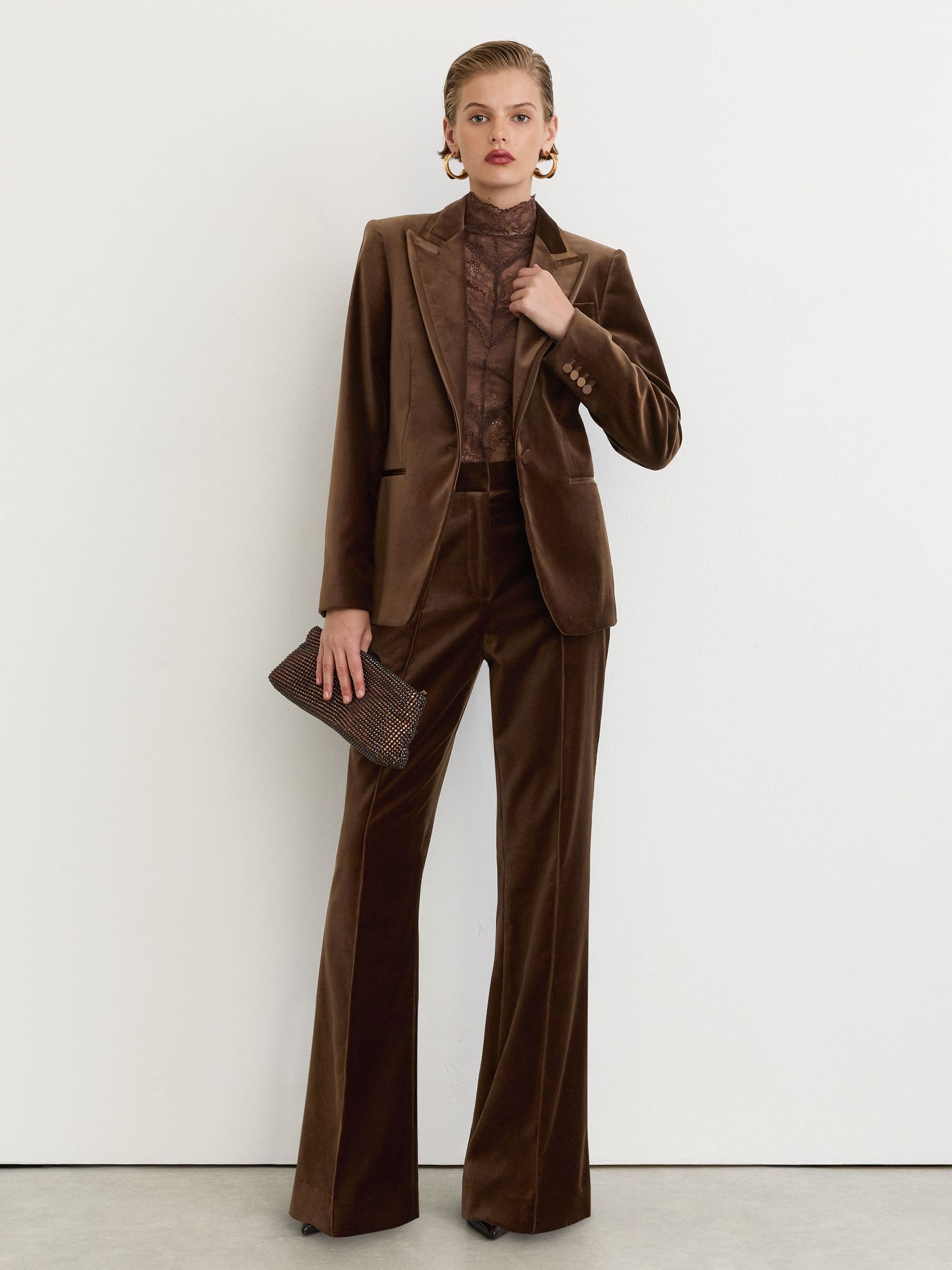 Marron café - Velvet Flared Tuxedo Trousers