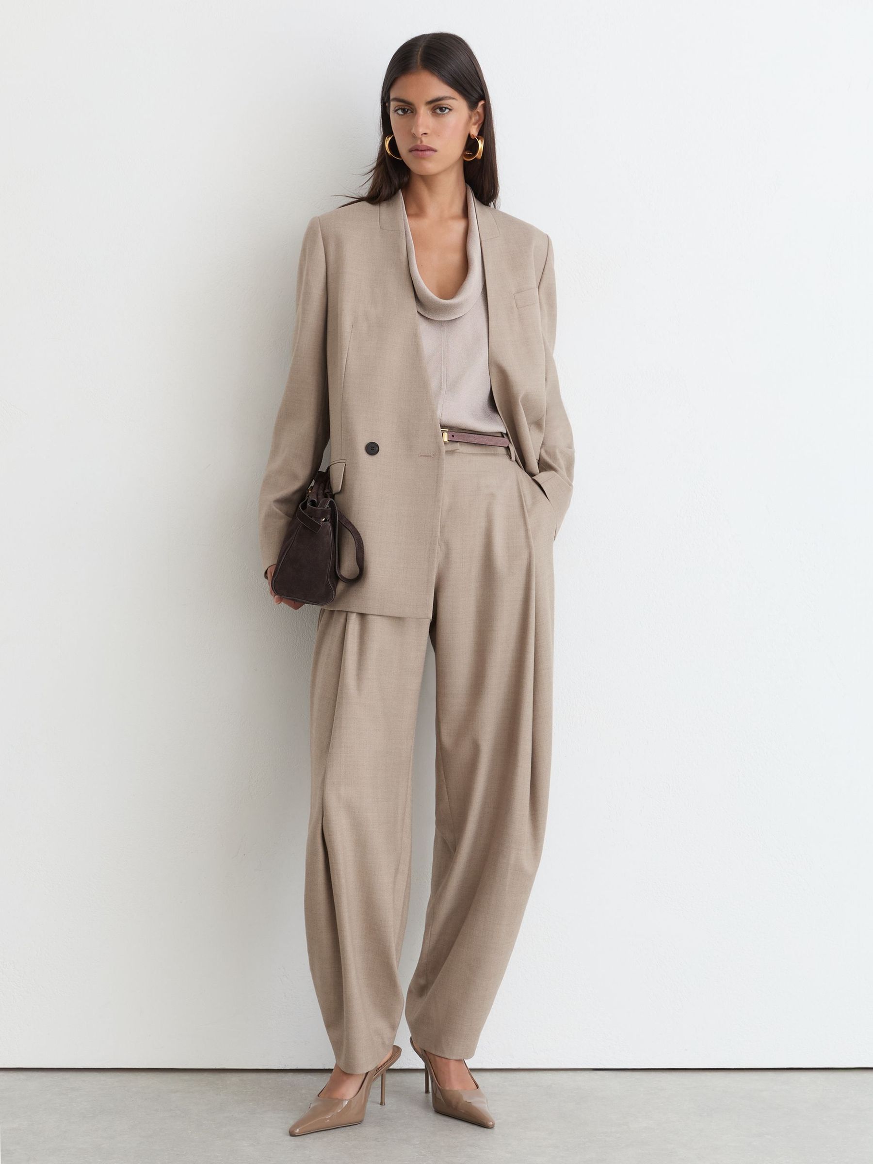 Neutral - Collarless Double-breasted Suit Blazer Wool-blend