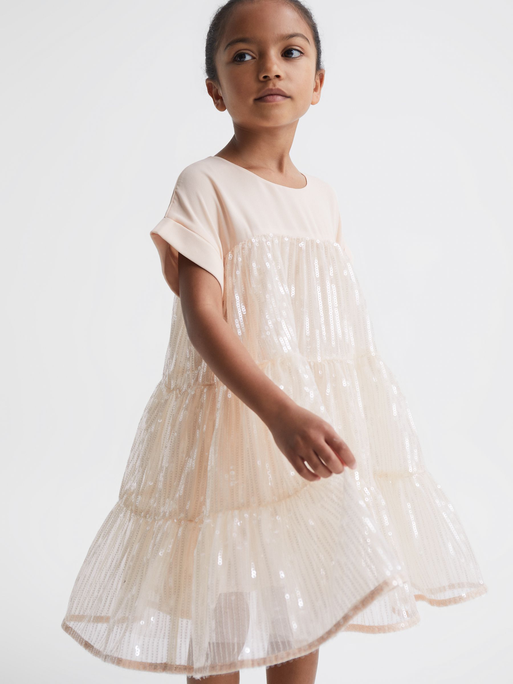 9-12 yrs Sequin Tiered Dress in Pale Pink (C26389) | $93