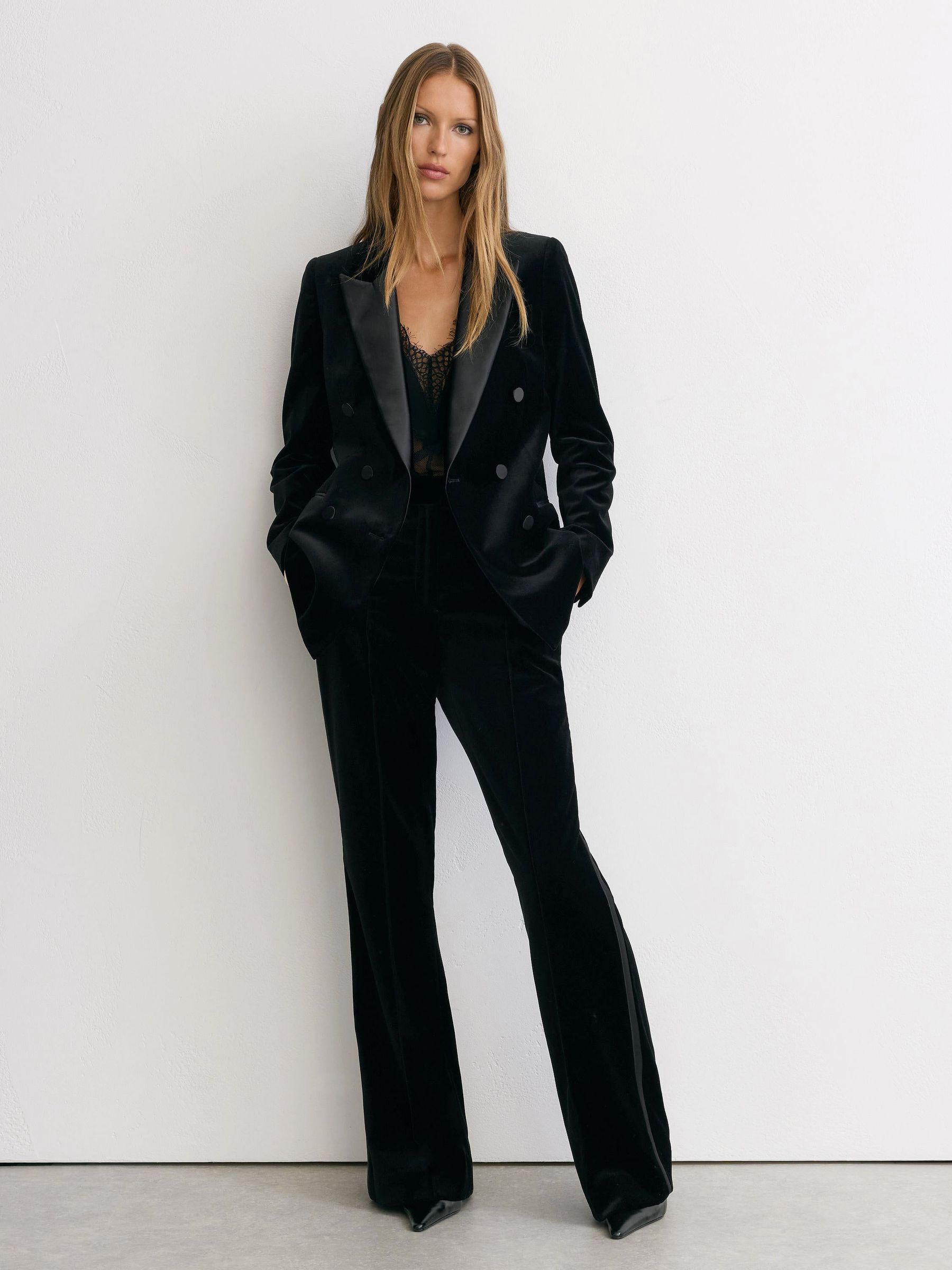 Black - Velvet Flared Tuxedo Trousers
