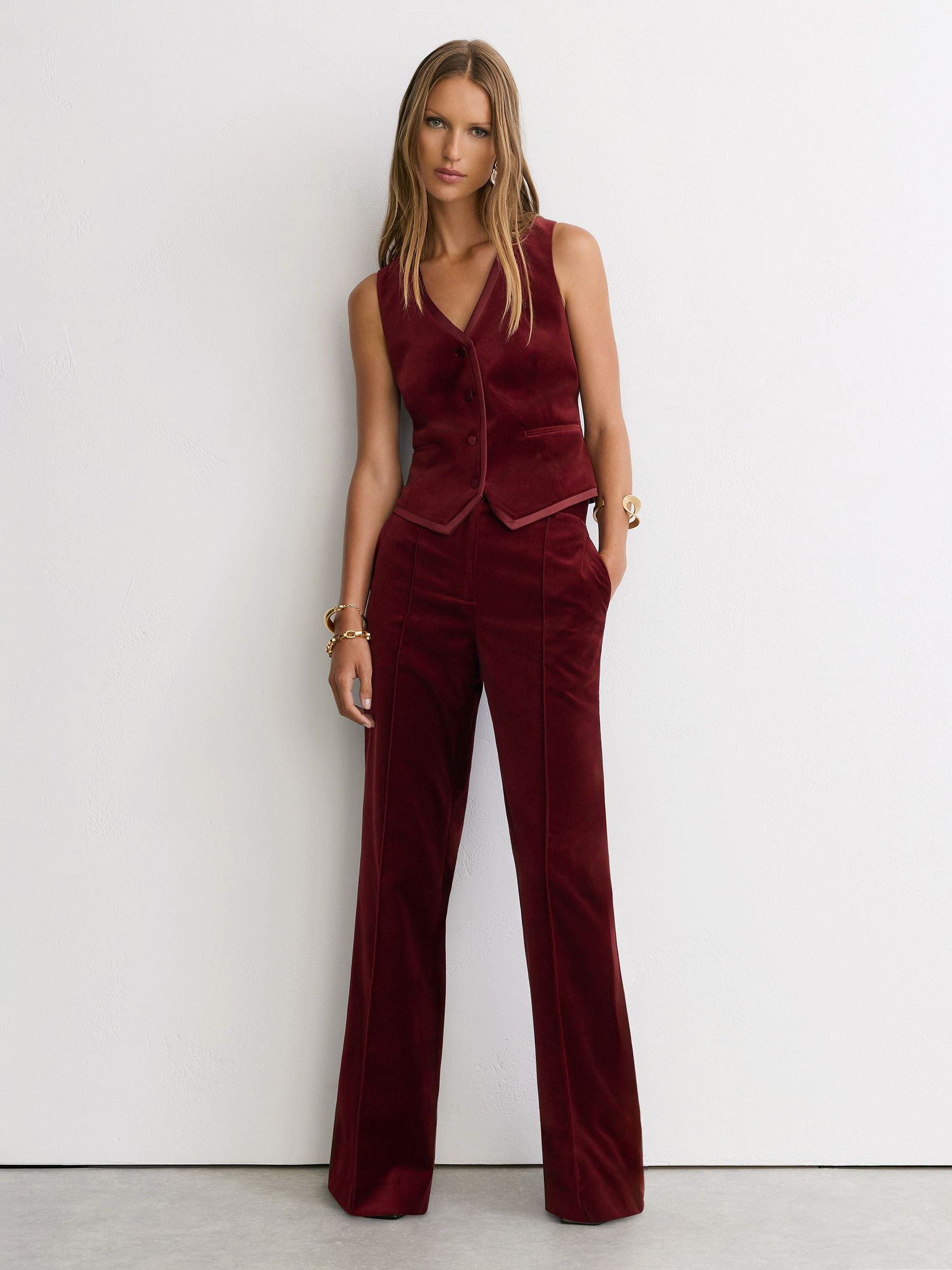 أحمر داكن - Velvet Satin-trim Tailored Waistcoat