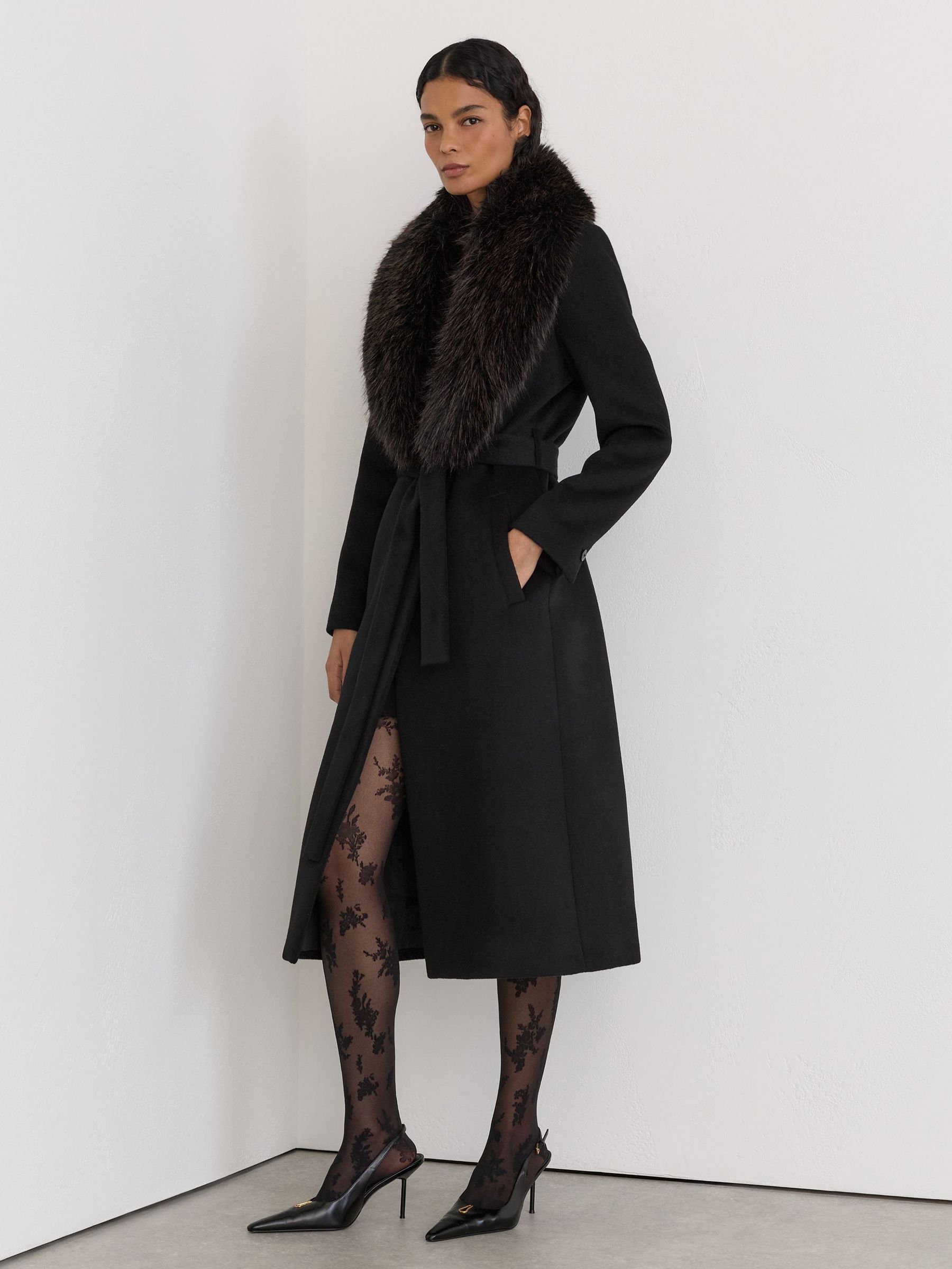 Noir - Wool-blend Faux Fur-collar Belted Coat