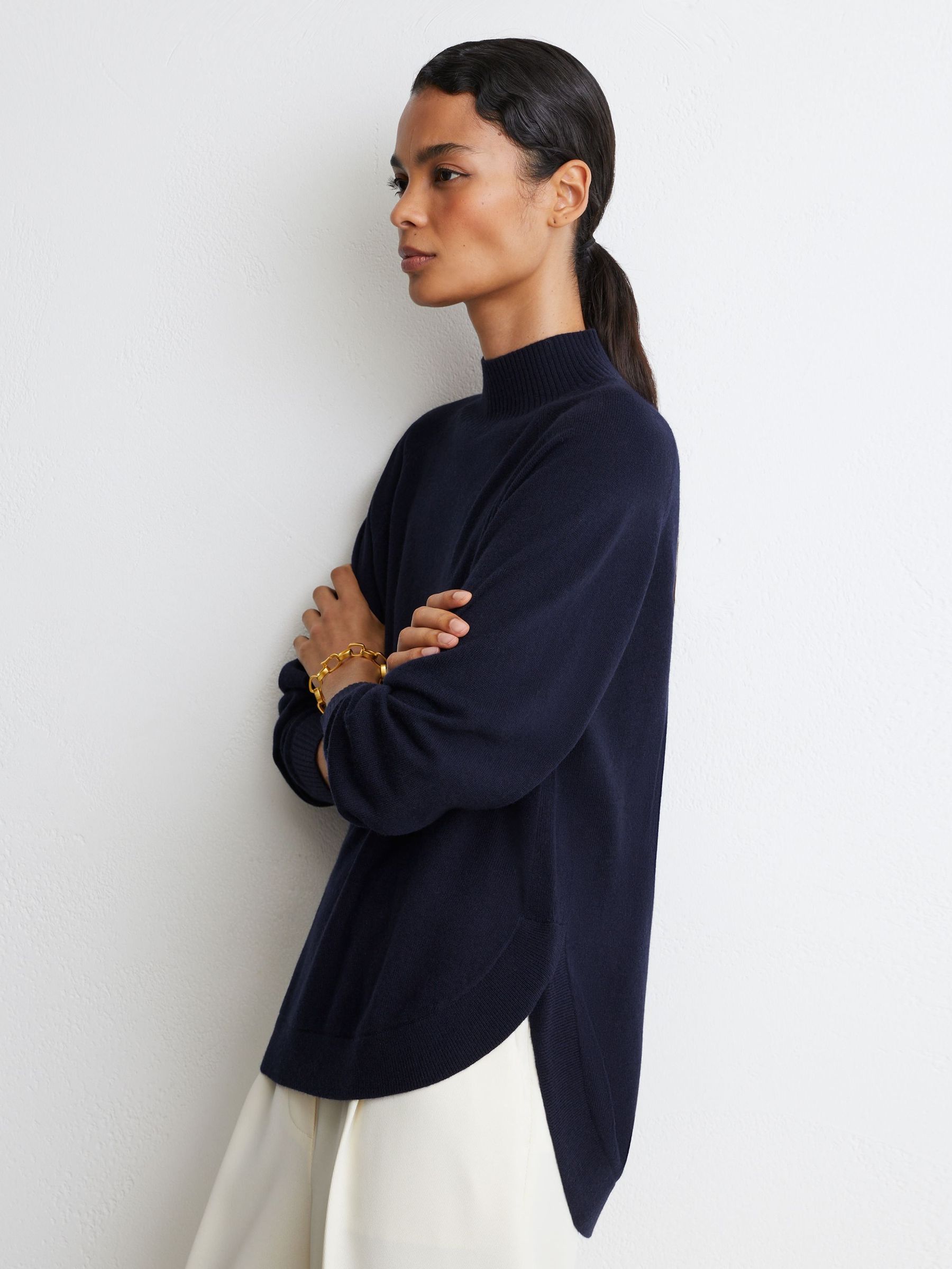 Navy - Wool-blend Funnel-neck Jumper With Cashmere