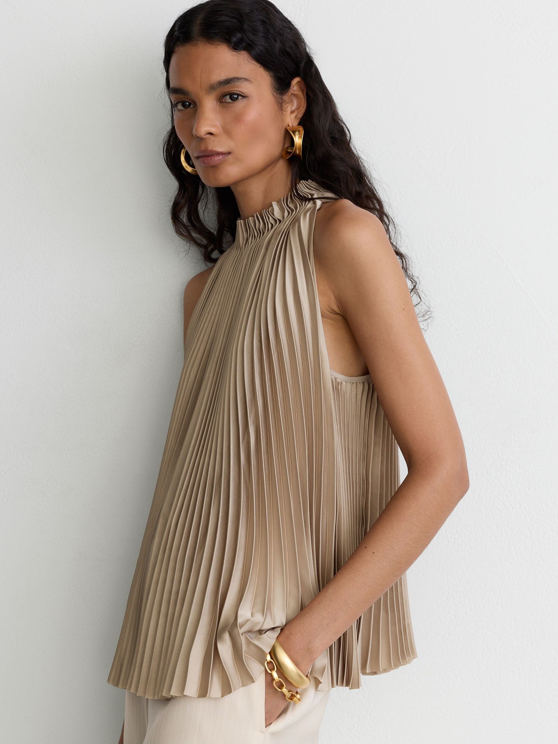 Champagne Neutral - Satin Pleated High-neck Sleeveless Top