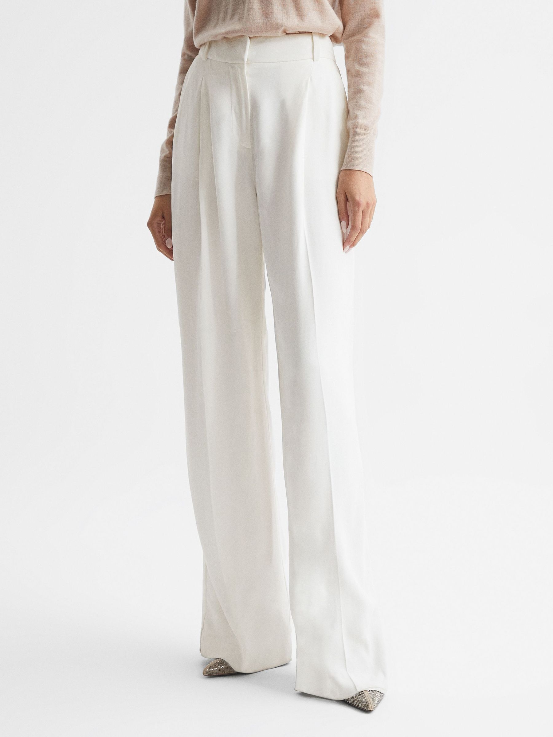 Wide Leg Pleat Front Trousers in Cream (C29443) | $57