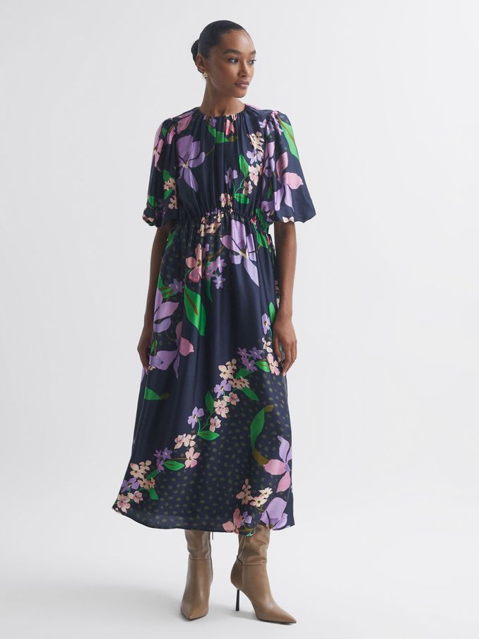 Florere Floral Puff Sleeve Midi Dress in Navy (C33450) | US$119