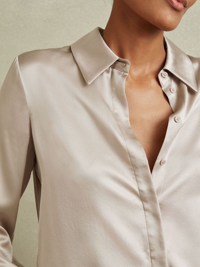 Petite Silk Double-Cuff Button-Through Shirt in Champagne (C34115) | 1,080 QAR