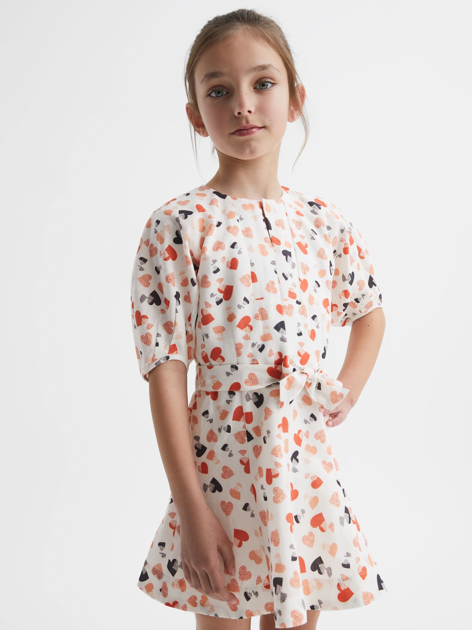 4-9 yrs Heart Print Linen Mini Dress in Ivory Print (C43466) | €44