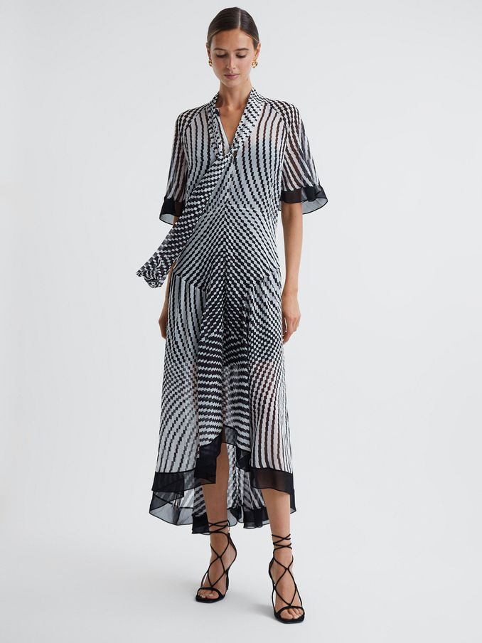 Check Removable Neck Tie Midi Dress in Black/White (C45207) | €136