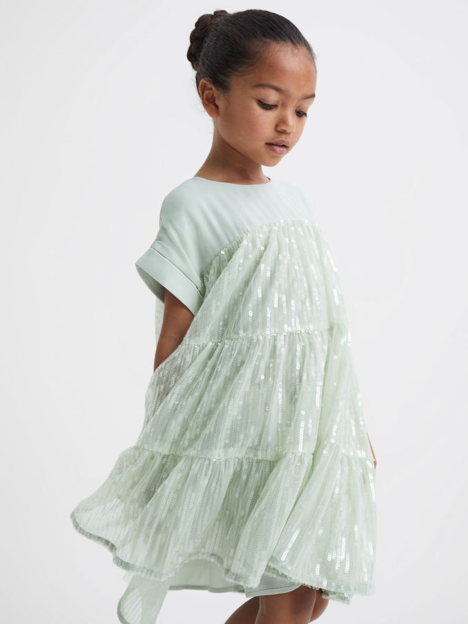 9-12 yrs Sequin Tiered Dress in Sage (C47034) | US$55