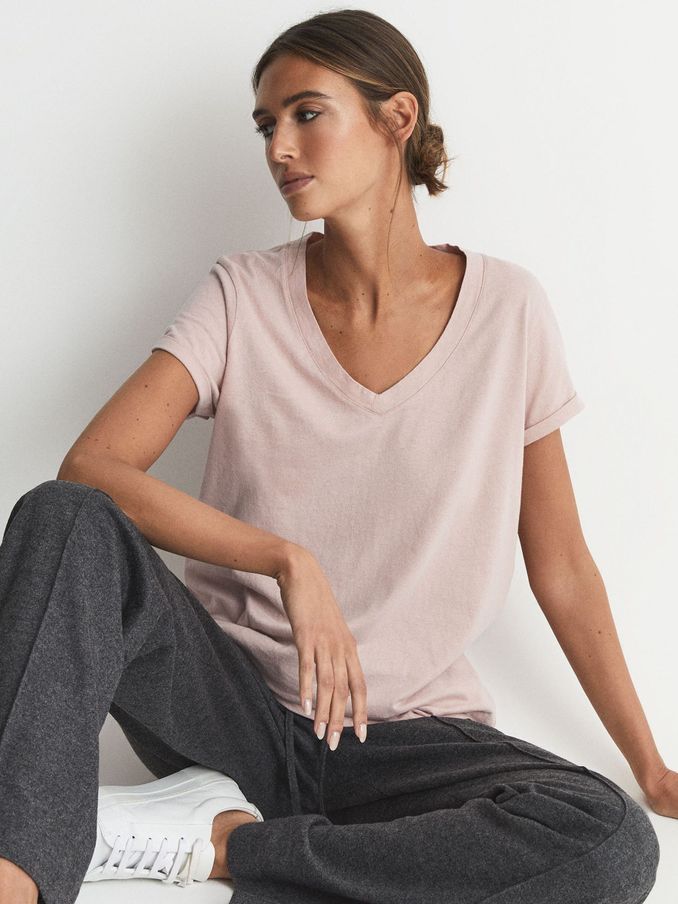 Cotton-Jersey V-Neck T-Shirt in Light Pink (C47731) | AED83