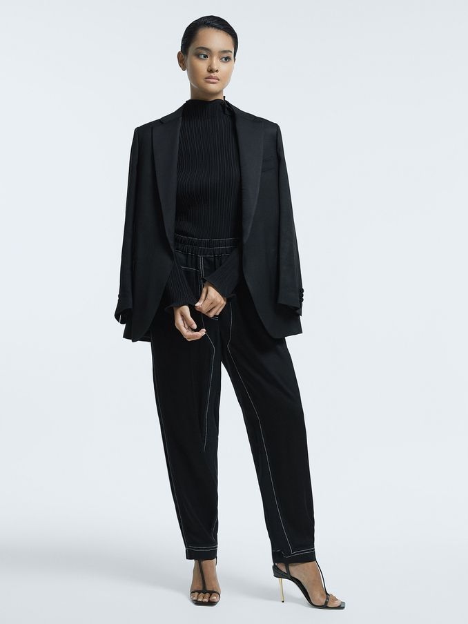 Atelier Italian Relaxed Contrast Stitch Drawstring Trousers in Black (C49362) | €232