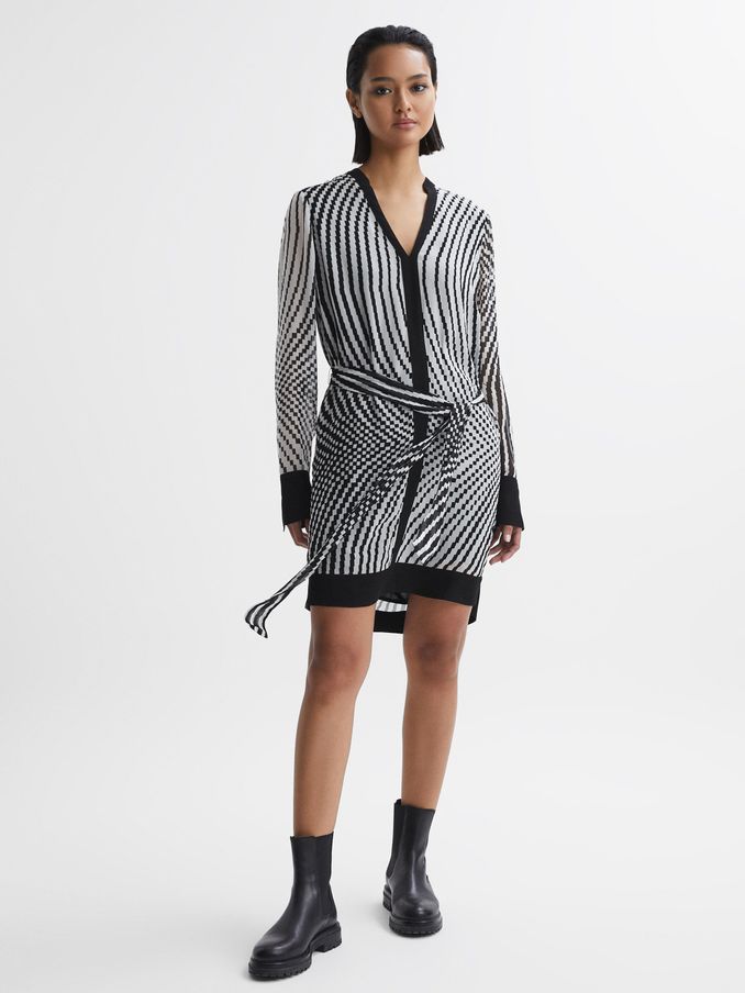 Check Belted Mini Dress in Black/White (C53396) | US$114