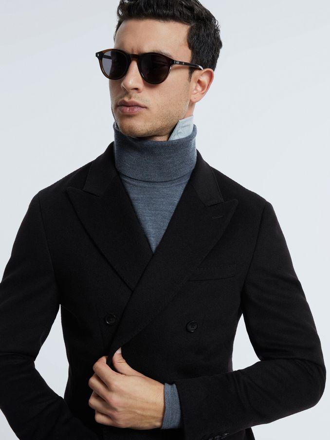 Atelier Cashmere Slim Fit Double Breasted Blazer in Black (C55285) | $344