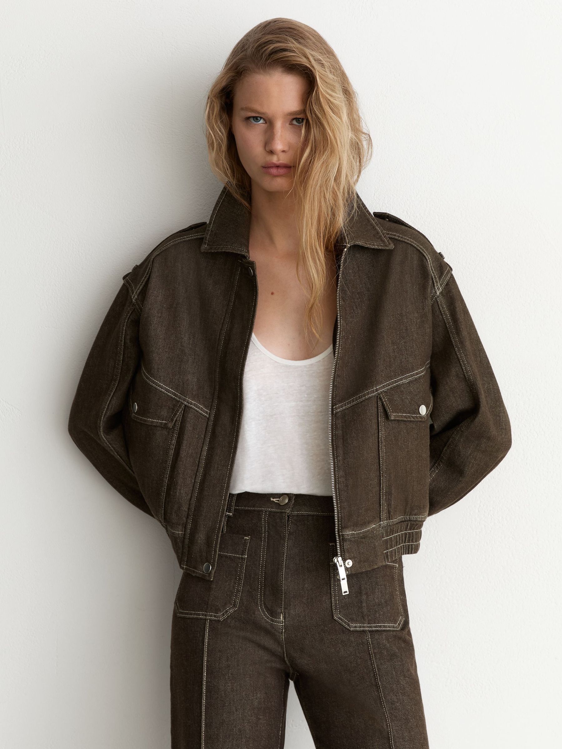 Brown - Relaxed Denim Bomber Jacket