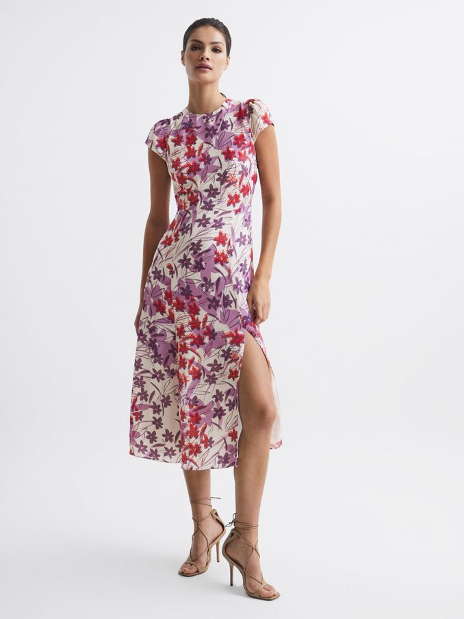 Printed Cut Out Back Midi Dress in Pink/Purple (C58678) | kr509 - kr592
