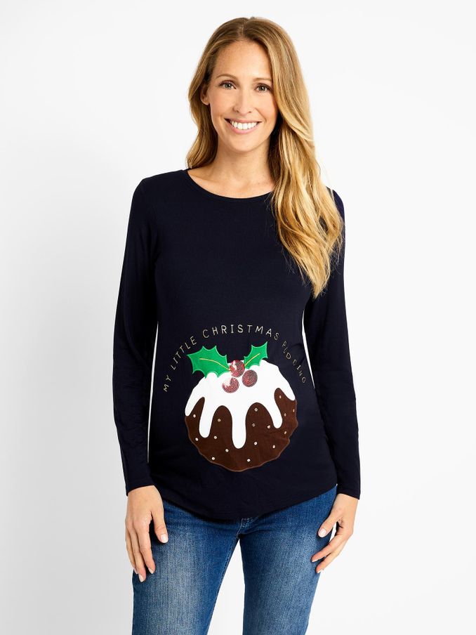 Navy Blue Christmas Pudding Maternity Top (C59395) | $12