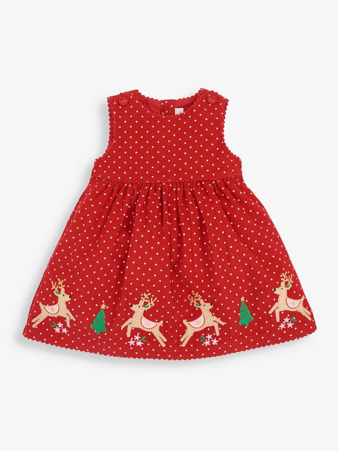 Reindeer Appliqué Cord Dress in Red (C63376) | $21