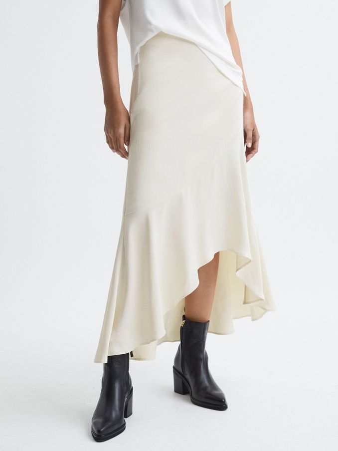 Satin High Rise Midi Skirt in Ivory (C69409) | US$78
