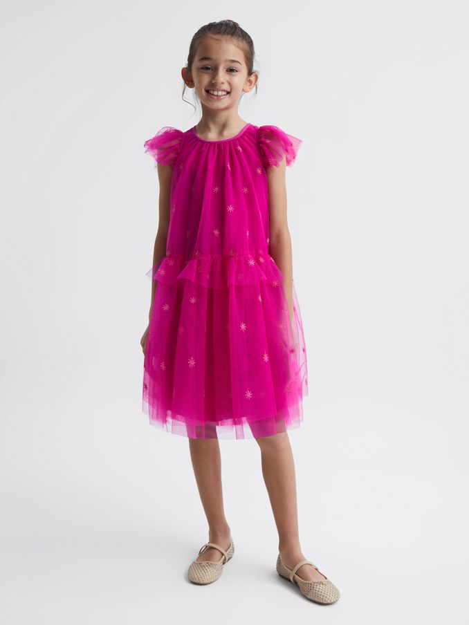 Junior Tulle Embroidered Dress in Bright Pink (C71447) | €47