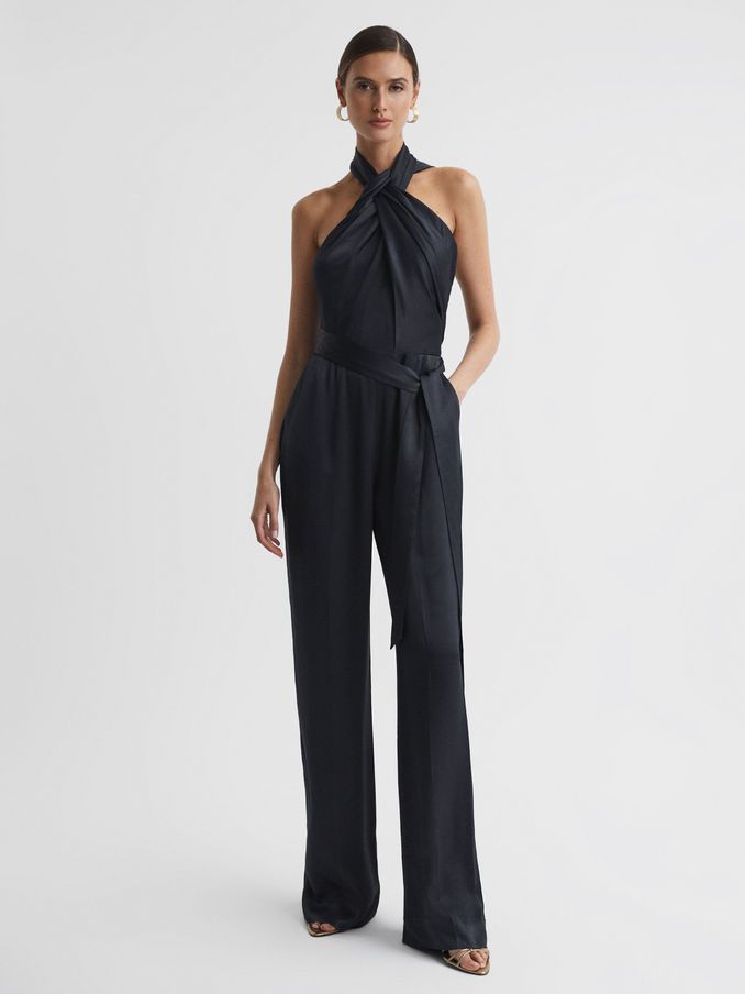 Satin Halter Neck Fitted Jumpsuit in Midnight Navy (C71836) | US$141