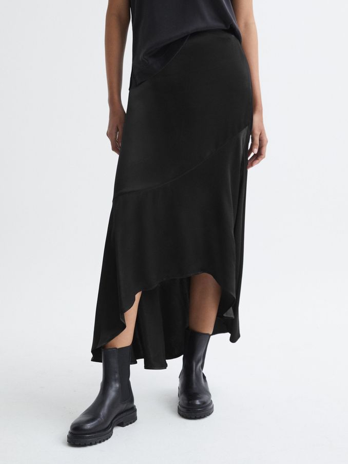 Satin High Rise Midi Skirt in Black (C72620) | US$78
