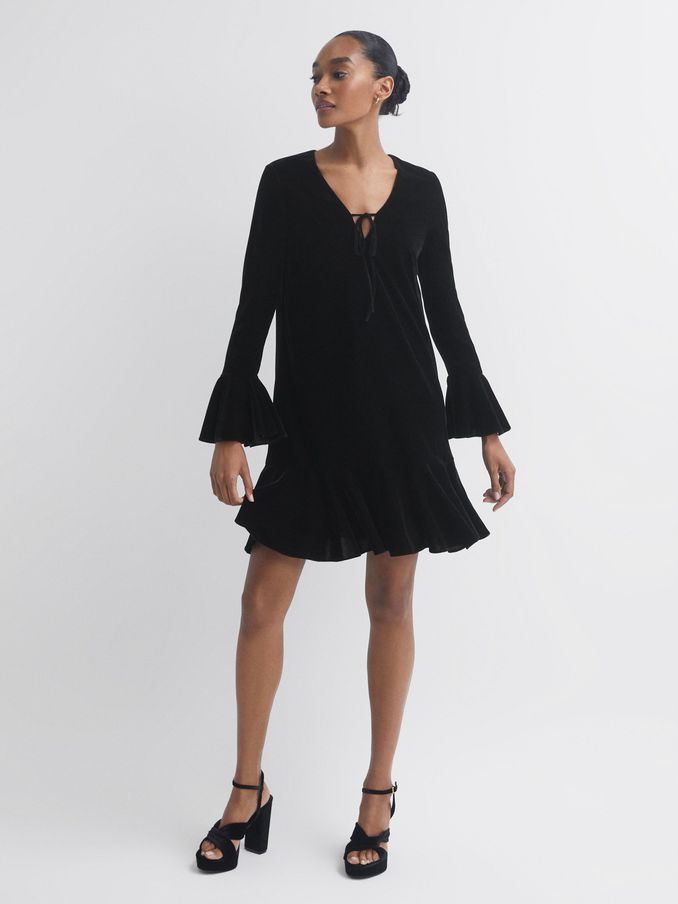 Florere Velvet V-Neck Mini Dress in Black (C80673) | US$89