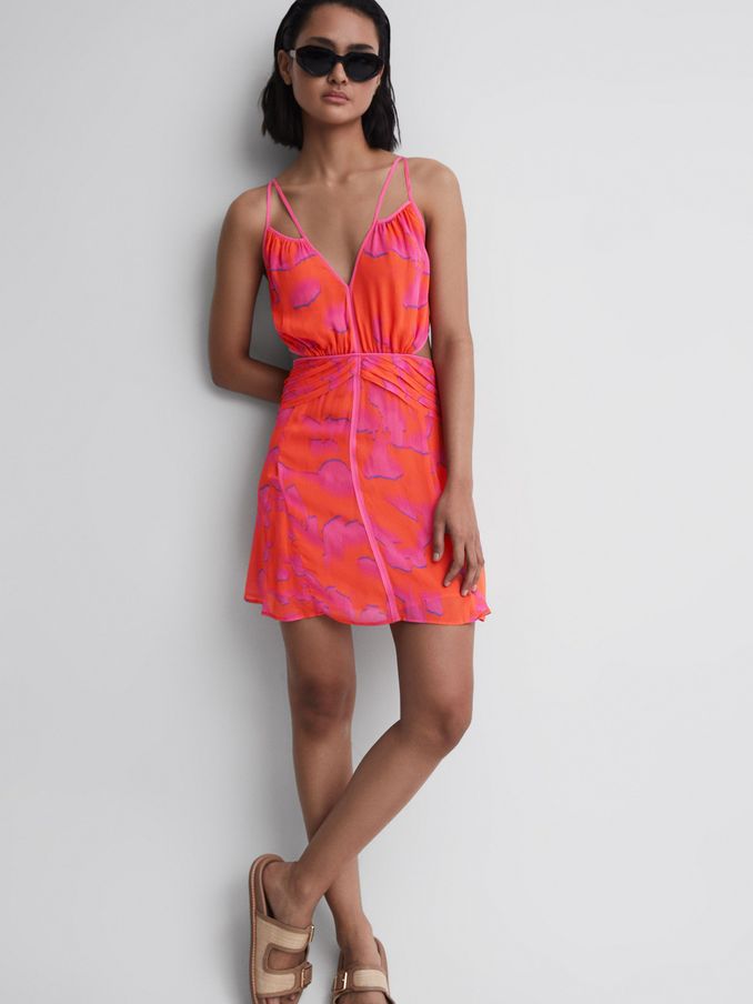 Plunge Neckline Resort Mini Dress in Orange/Pink (C82488) | US$86