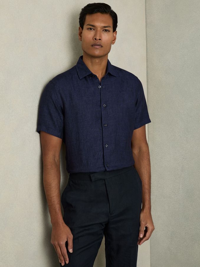 Slim Fit Linen Button-Through Shirt in Navy (C83556) | US$72