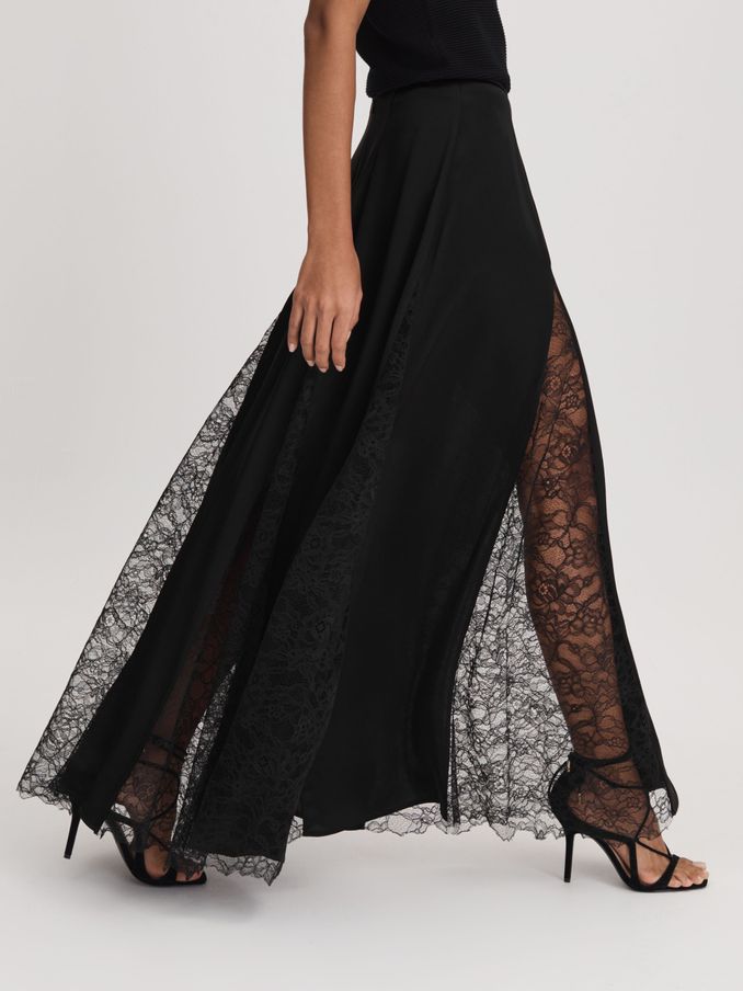 Anna Quan Satin Lace Maxi Skirt in Black (C87826) | €386