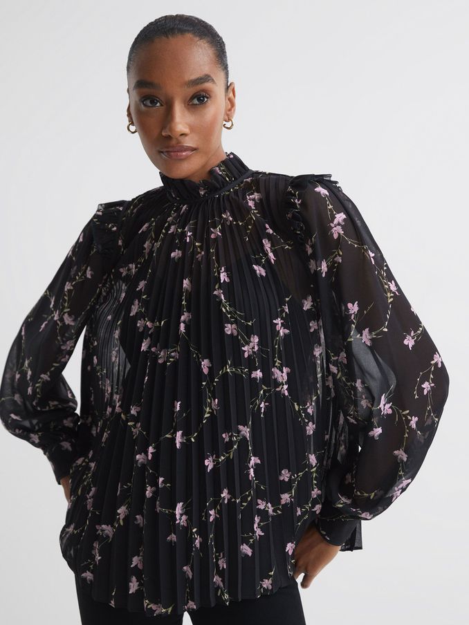 Florere Sheer Floral Ruffle Blouse in Black (C94657) | US$62