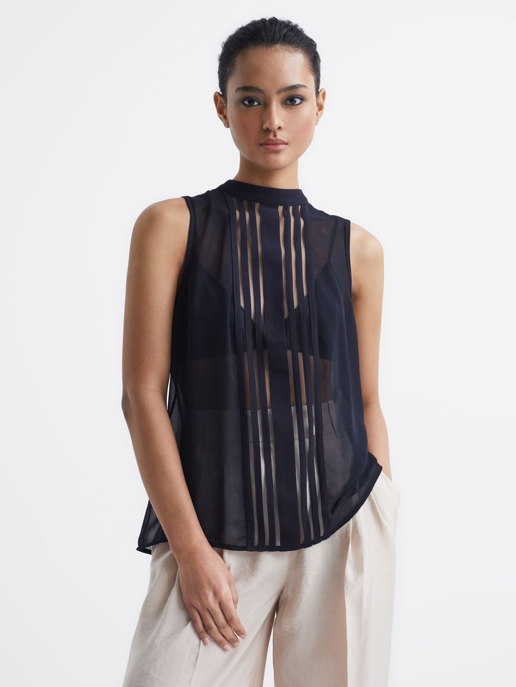 Sheer Striped Sleeveless Blouse in Navy (C97039) | SGD 76