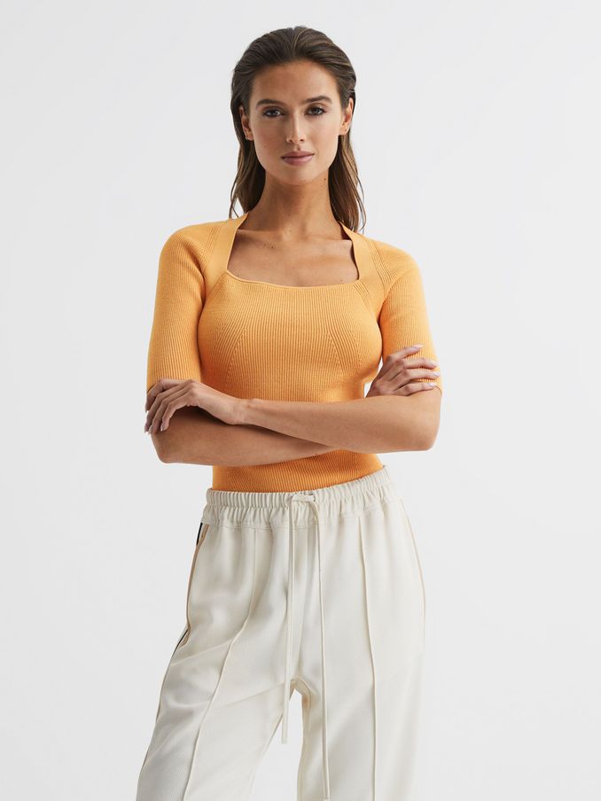 Square Neck Ribbed Top in Orange (C99065) | US$56