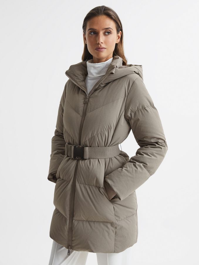 Hooded Mid Length Waisted Puffer Jacket in Mink (D00259) | €108