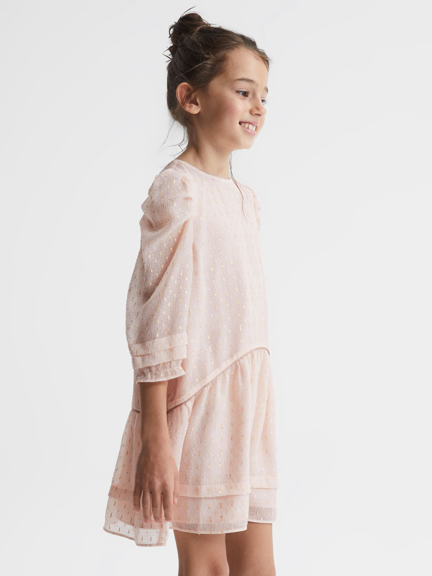 9-12 yrs Ruched Shoulder Metallic Detail Dress in Pink (D00268) | US$48