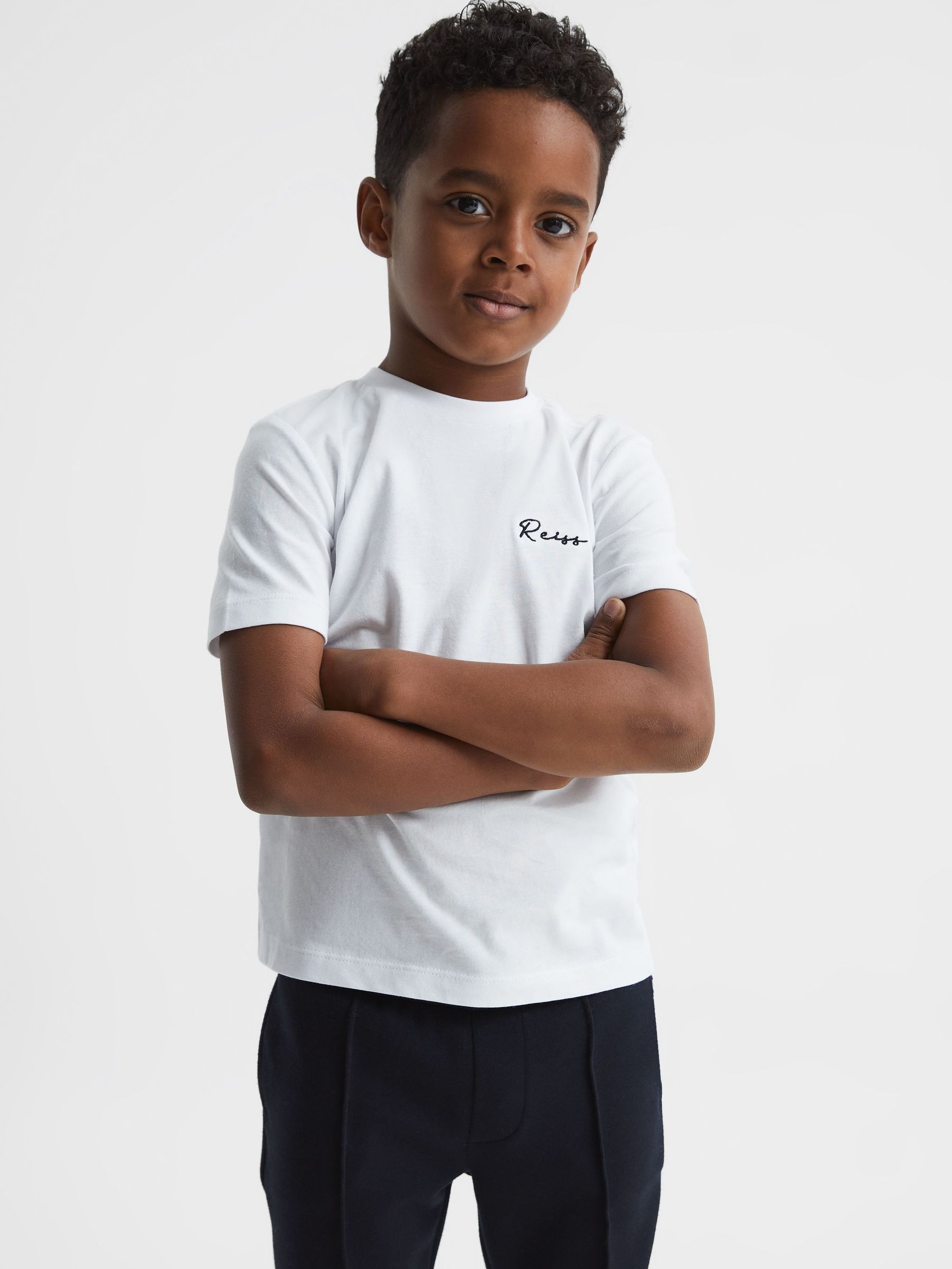 Junior Logo-Embroidered Cotton Jersey T-shirt in White/Navy (D00347) | CHF 10