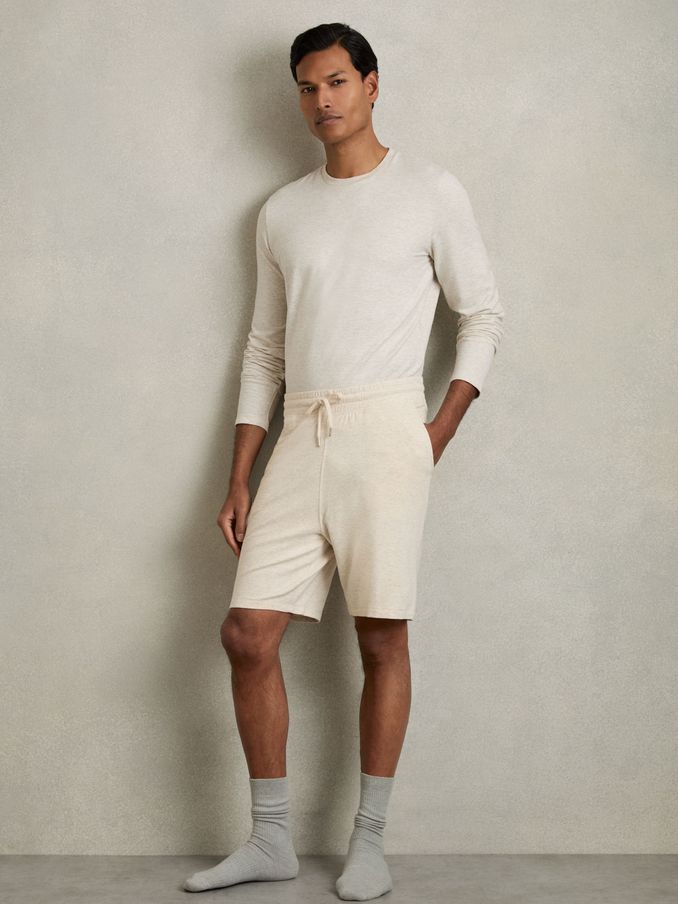 Drawstring Fleece Lined Shorts in Oatmeal Melange (D01678) | US$38